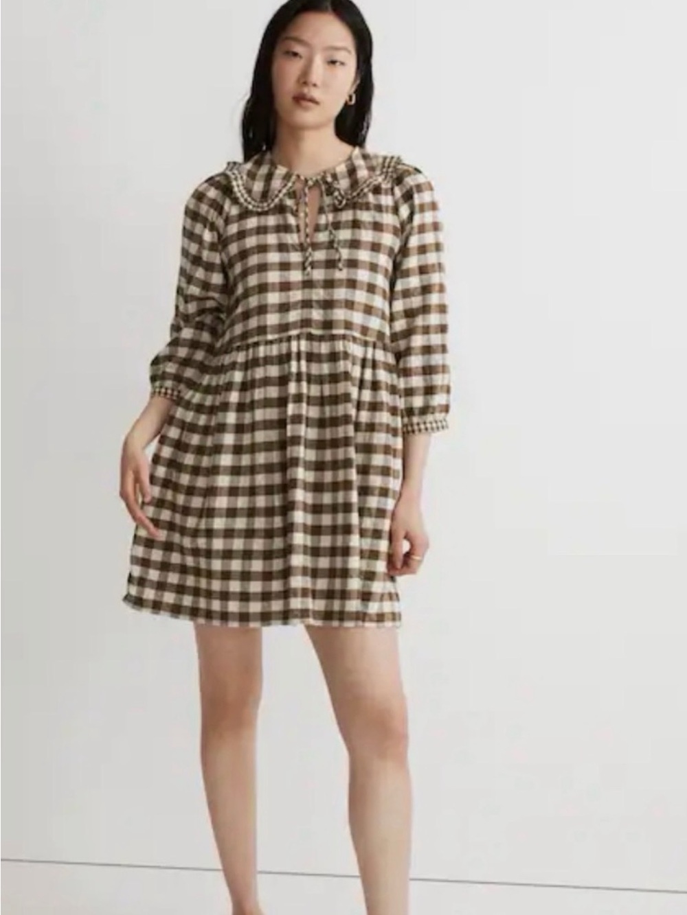 Madewell Brown and White Gingham Mini Dress with Peter Pan Collar